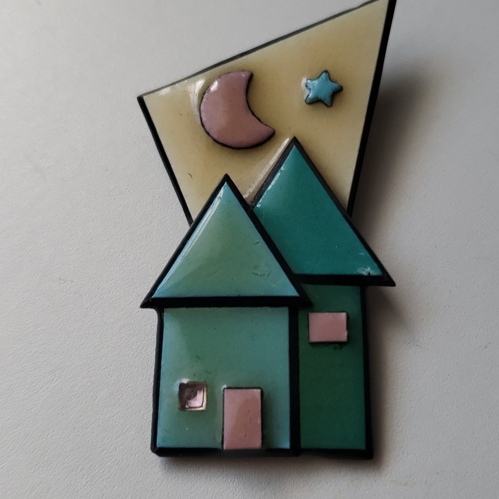 VINTAGE 1990s, Resin Pin, Resin Brooch, House, Moon and Star Pin, Funky Pin - Picture 2 of 7